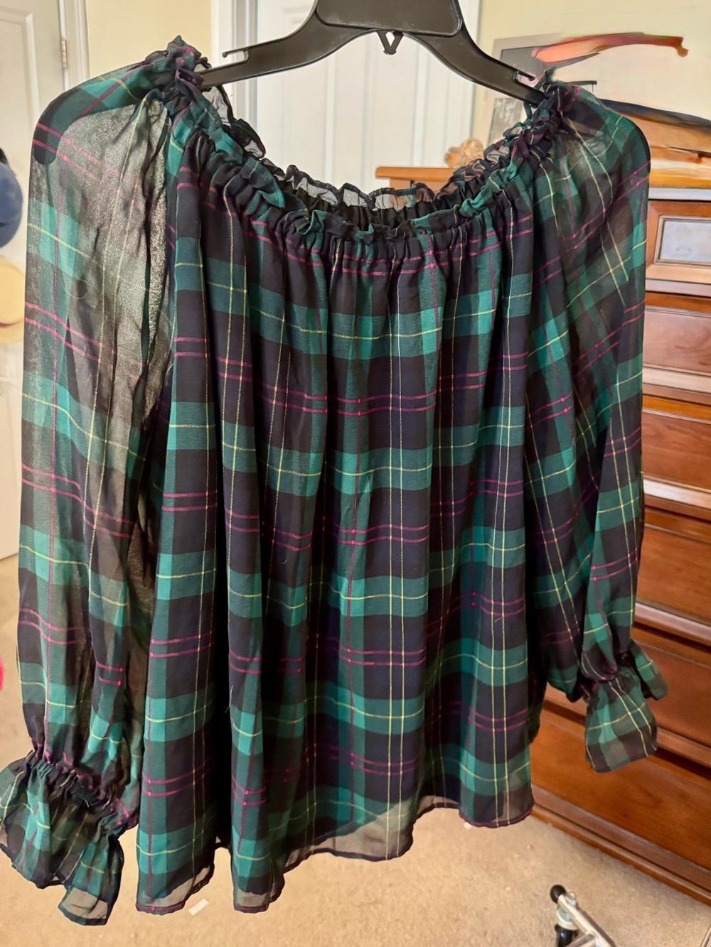 Talbots Black Sheer Plaid Off-Shoulder Blouse with Green Accents